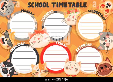 School timetable schedule funny cats and kittens. Education vector weekly planner template with cute cartoon characters. Kids time table for lessons with frames for classes list and kitty muzzles Stock Vector