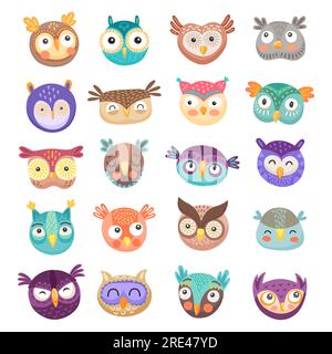 Owl and owlet faces cartoon vector of cute birds of prey with colorful feathers and funny big eyes. Happy barn, eagle and long eared owls for children comic emoji, emoticon or avatar design Stock Vector