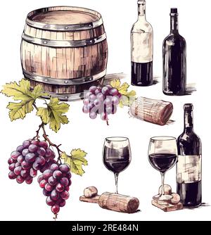 Vector grapevine and grapes hand drawing on white icon eps10. Vector wine leaves and bunch of grapes retro decorative illustration icon eps10 Stock Vector