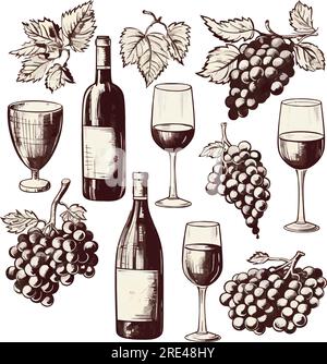 Vector grapevine and grapes hand drawing on white icon eps10. Vector wine leaves and bunch of grapes retro decorative illustration icon eps10 Stock Vector