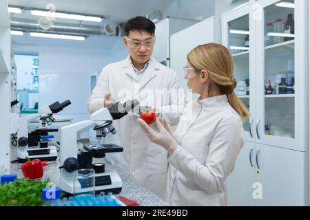 Scientist team asian man and woman testing and researching food, researchers testing vegetables inside laboratory using microscope, workers in white medical coats. Stock Photo