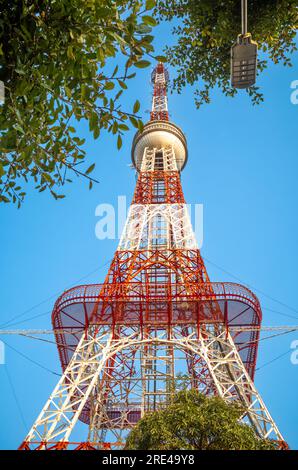 Looking up at a tall red and white steel radio and communications mast or tower close to Reunifcation Park against a blue sky in Hanoi Vietnam. Stock Photo