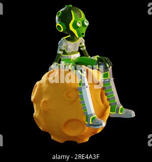 3D green alien is sitting sadly on the moon Stock Photo