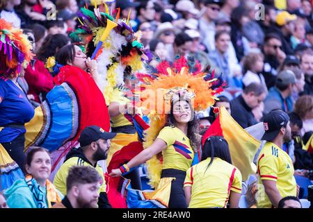 Sydney, Australia. 25th July, 2023. Fans cheer during the group H match between Colombia and South Korea at the 2023 FIFA Women's World Cup in Sydney, Australia, July 25, 2023. Credit: Hu Jingchen/Xinhua/Alamy Live News Stock Photo