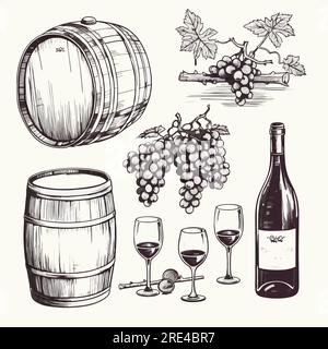 Vector Hand Drawn Engraving Pen and Ink Wine Bottles icon eps10. Vector Collection of wine Vintage Illustration icon eps10 Stock Vector