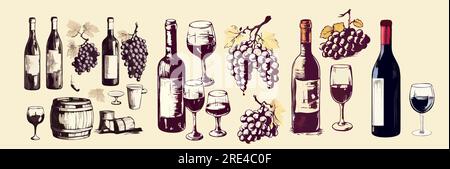 Vector set of wine glasses, bottle, decantor and grape icon eps10. Vector Different flavors of wine hand drawn design element icon eps10 Stock Vector
