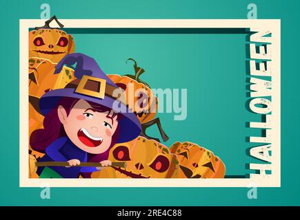 Halloween flyer design. Girl in witch hat Stock Vector