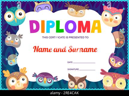 Kids diploma certificate, fairy tale dwarf houses, vector school ...