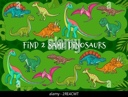 Cartoon dinosaurs, find two same dino, kids riddle game or tabletop puzzle, vector. Find same dinosaur board game with Jurassic T-rex tyrannosaurus, funny cute dragon brontosaurus and pterodactyl Stock Vector