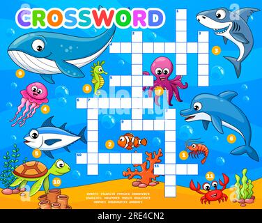 Cartoon funny underwater animals and fish crossword grid worksheet. Find a word quiz of sea wildlife. Vector puzzle game of dolphin, shark, octopus and whale, crab, shrimp, tuna and seahorse Stock Vector