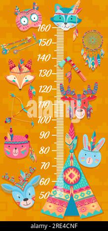 Cartoon kids height chart, funny owl, wolf and fox, elk, rabbit, bear and deer Indians, vector. Kids height chart or baby growth meter with Indian boho animals, wigwam, tomahawk and dream catchers Stock Vector