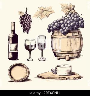 Vector set of wine products icon eps10. Vector illustration in sketch style, Hand drawn wine elements icon eps10 Stock Vector