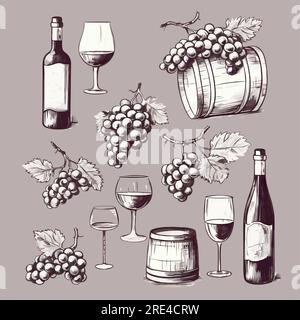 Vector Hand Drawn Wine Elements including wine glass, bottle, wine cork, grape, corkscrew icon eps10. Vector Old alcohol retro style icon eps10 Stock Vector