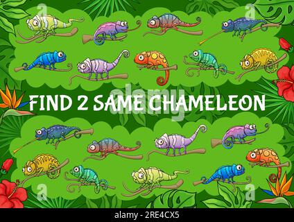 Cartoon chameleon lizards, find two same chameleons kids game. Vector educational riddle with cute characters and jungle plants. Children leisure activity puzzle, search similar reptile animal task Stock Vector