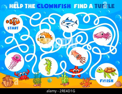 Labyrinth maze vector worksheet with underwater cartoon animals and fish in blue sea. Kids education puzzle game with help the clownfish find way to sea turtle, crab, squid, jellyfish or starfish Stock Vector
