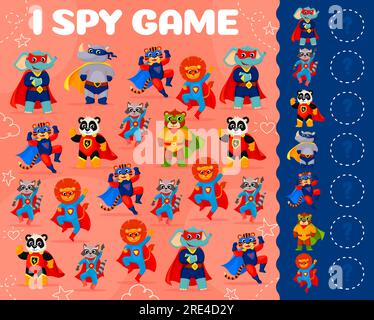 I spy game worksheet. Cartoon superhero animal characters vector puzzle or brain riddle. Find and count super hero personages of cute lion, bear, raccoon and panda, funny elephant, rhino and tiger Stock Vector