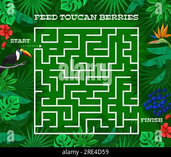 Kids labyrinth maze game, cartoon toucan bird in jungle leaves, vector tabletop riddle. Kids board game or find way puzzle, labyrinth maze with tropical toucan in jungle palms and topical flowers Stock Vector