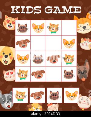 Cartoon funny puppies and dogs, kids sudoku riddle game or vector tabletop puzzle. Sudoku board game or child logic puzzle with funny pets, cute dogs, cats and kittens with heart eyes Stock Vector