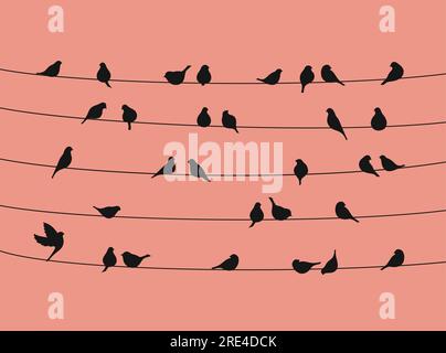 Sparrow or bullfinch birds flock on power line. Vector black silhouettes of city birds sitting on wires or telephone cables over sunset sky background, wildlife or urban nature themes Stock Vector