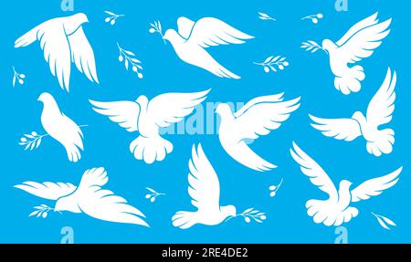 Christmas, peace and wedding dove bird silhouettes. Vector white pigeon flying with olive branch in beak and spread wings. White dove or pigeon bird symbols of hope, religion, faith and Xmas holiday Stock Vector