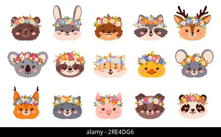 Cute animals with flower crowns, cartoon faces of funny bear, fox, cat, rabbit or bunny characters. Vector panda, deer, koala and dog, raccoon, pig, duck, mouse and beaver heads wearing floral wreaths Stock Vector