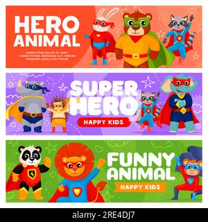 Superhero cartoon animal characters in super hero capes, masks and costumes. Vector banners of cute and brave bear, lion, panda and bunny, raccoon, monkey, elephant, rhino and hedgehog personages Stock Vector
