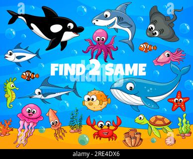 Find two same cartoon funny underwater animals and fish kids game worksheet. Vector education puzzle, sea animals quiz and riddle with shark, crab, octopus and squid, sea turtle, tuna, jellyfish, orca Stock Vector