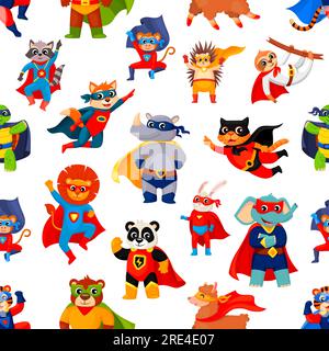 Cartoon animals superhero characters seamless pattern, vector background. Kids super heroes animals, defenders and guardian rangers in power capes, cat with lion, tiger and bear in cartoon pattern Stock Vector