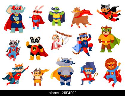 Cartoon funny animals, superhero characters and personages, isolated vector. Super heroes and rescue rangers, panda in power cape and cat defender or lion guardian and bear with turtle in ninja mask Stock Vector