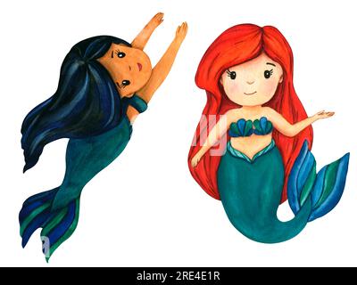 Watercolor little mermaids. Sea character isolated on white background. Hand painted underwater illustrations for kids print, decoration and design Stock Photo