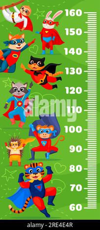 Kids height chart, superhero cartoon animal characters growth meter. Vector scale of children growth measure with funny cat, dog, raccoon and bunny personages wearing super hero capes and masks Stock Vector