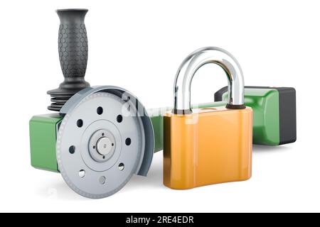 Angle grinder with padlock. 3D rendering isolated on white background Stock Photo