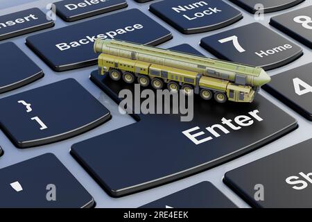 Scud missile, mobile short-range ballistic missile system on laptop keyboard. 3D rendering Stock Photo