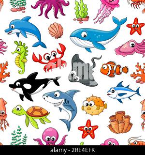 Cartoon underwater animals characters seamless pattern background, vector fishes and animals. Kids ocean and undersea pattern with funny shark, dolphin and whale, octopus and seahorse with starfish Stock Vector