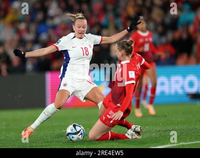 Hamilton, New Zealand. 25th July, 2023. Frida Maanum (L) of Norway vies for the ball during the Group A match between Switzerland and Norway at the 2023 FIFA Women's World Cup in Hamilton, New Zealand, July 25, 2023. Credit: Qin Lang/Xinhua/Alamy Live News Stock Photo