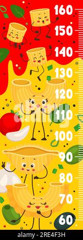 Kids height chart ruler. Cartoon italian pasta characters growth measure meter with scale. Vector personage of cute macaroni food, wall stadiometer sticker with funny conchiglie, creste and ditalini Stock Vector