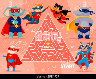 Labyrinth maze game. Cartoon superhero animal characters vector worksheet of kids puzzle with triangular labyrinth. Help super hero cat, dog, raccoon and bunny, elephant and rhino find right way Stock Vector