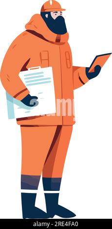 One man holding document wearing hardhat over white Stock Vector