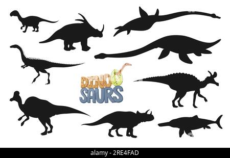 Dinosaur character silhouettes of prehistoric dino animals. Vector elaphrosaurus, ichthyosaurus, plesiosaurus and avaceratops, mussaurus, styracosaurus, lambeosaurus and corythosaurus dinosaurs set Stock Vector