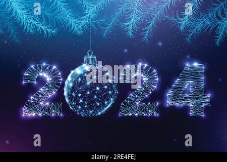 Postcard Happy New Year 2024. Low poly Christmas ball and fir branches. Numbers from a polygonal wireframe. Abstract vector illustration on a dark Stock Vector