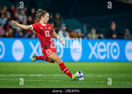 Hamilton, Hamilton, New Zealand. 25th July, 2023. Switzerland midfielder LIA WALTI #13 passes the ball in the second half of the 2023 FIFA WomenÃs World Cup Group A match against Norway at the Waikato Stadium in Hamilton, New Zealand. The score ended in a tie Switzerland 0: Norway 0. (Credit Image: © Ira L. Black/ZUMA Press Wire) EDITORIAL USAGE ONLY! Not for Commercial USAGE! Credit: ZUMA Press, Inc./Alamy Live News Stock Photo