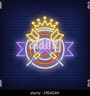 Two crossed darts on target with crown neon sign Stock Vector