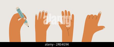 Set of left hands with various gestures. The hand holds a pencil, pointing gesture, hand with the back side and the outside. Vector flat isolated Stock Vector