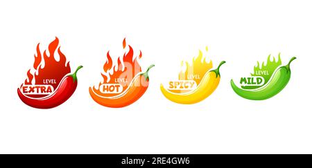 Hot spicy level of chili, cayenne or jalapeno pepper vector icons with fire flames of red, green, orange and yellow colors. Spicy food emblems extra, spicy, hot and mild strength isolated set Stock Vector