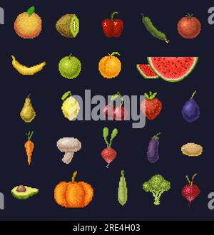 8 bit pixel art fruits, berries and vegetables icons of vector farm food. Retro video game pixelated strawberry, orange, tomato and pepper, carrot, cherry, apple and banana, radish, broccoli, avocado Stock Vector
