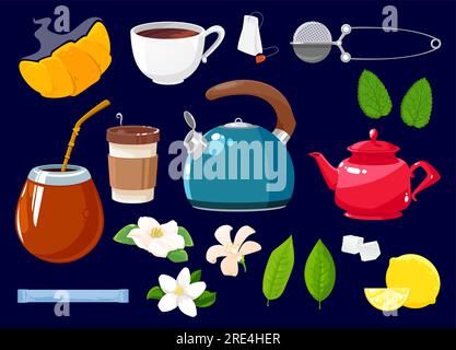 Tea icons isolated vector set of flowers, croissant, green or black tea plant and mint leaves. Cane sugar cubes and pack, teapot and cup. Lemon, potter and white blossoms with strainer cartoon objects Stock Vector