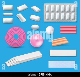 Chewing bubble gum realistic vector mockups. Bubblegum packages with mint or menthol sticks and blister pack with pads, pink ribbon gum, coated dragee, pellets and pillows 3d templates Stock Vector