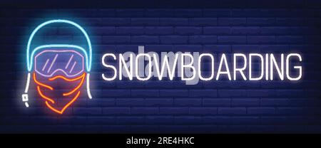 Snowboarding neon sign. Man in ski goggles and helmet Stock Vector
