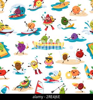 Cartoon fruit characters seamless pattern. Cute berry personages on summer beach vacation vector background. Happy apple, orange, tropical mango and pineapple, exotic jackfruit and feijoa backdrop Stock Vector