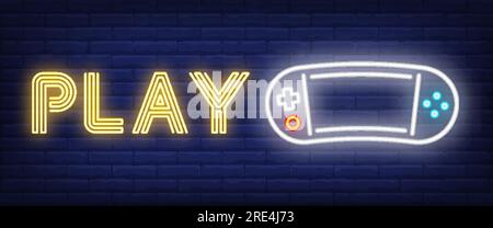 Play neon text with portable videogame console Stock Vector